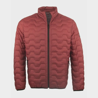 Red quilted jacket on a light gray background