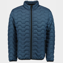 Load image into Gallery viewer, Blue puffer jacket with geometric pattern on a light gray background
