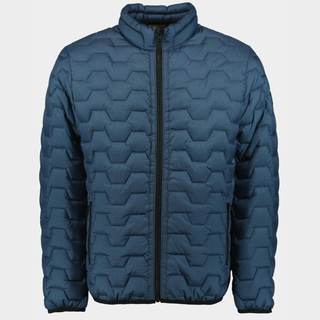 Blue puffer jacket with geometric pattern on a light gray background