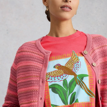 Load image into Gallery viewer, Up close of t-shirt under cardigan 
