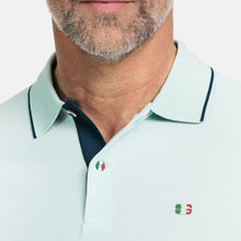 Load image into Gallery viewer, Polo Shirt on male model close up at collar detail and logo
