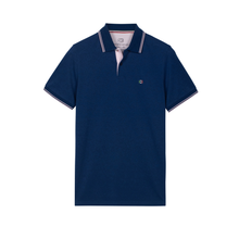 Load image into Gallery viewer, Navy blue polo shirt with white trim on a white background
