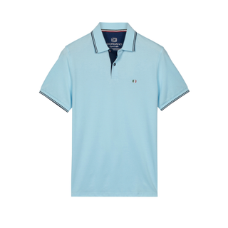 Light blue polo shirt with brand logo on a white background