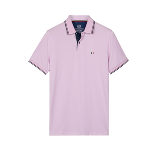 Pink polo shirt with brand logo on a white background