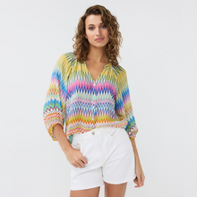 Load image into Gallery viewer, female model wearing esqualo raglan blouse in multicolour print looking at camera
