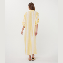 Load image into Gallery viewer, Woman wearing a yellow and white striped dress on a white background
