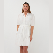 Load image into Gallery viewer, Woman wearing a white dress with lace details on a plain background
