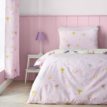 Load image into Gallery viewer, Bedding set with colorful patterns in a bedroom with pink walls and curtains.
