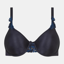 Load image into Gallery viewer, A dark navy blue underwire bra with decorative blue and black tassel details on the straps and center front, shown against a light gray background.
