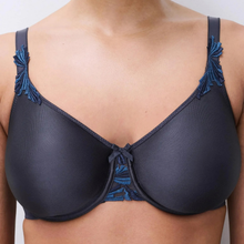 Load image into Gallery viewer, A close-up of a woman wearing a dark Navy underwire bra with blue embroidered details on the straps and center gore.
