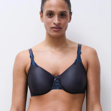 Load image into Gallery viewer, Woman wearing a Navy bra with blue trim against a plain background
