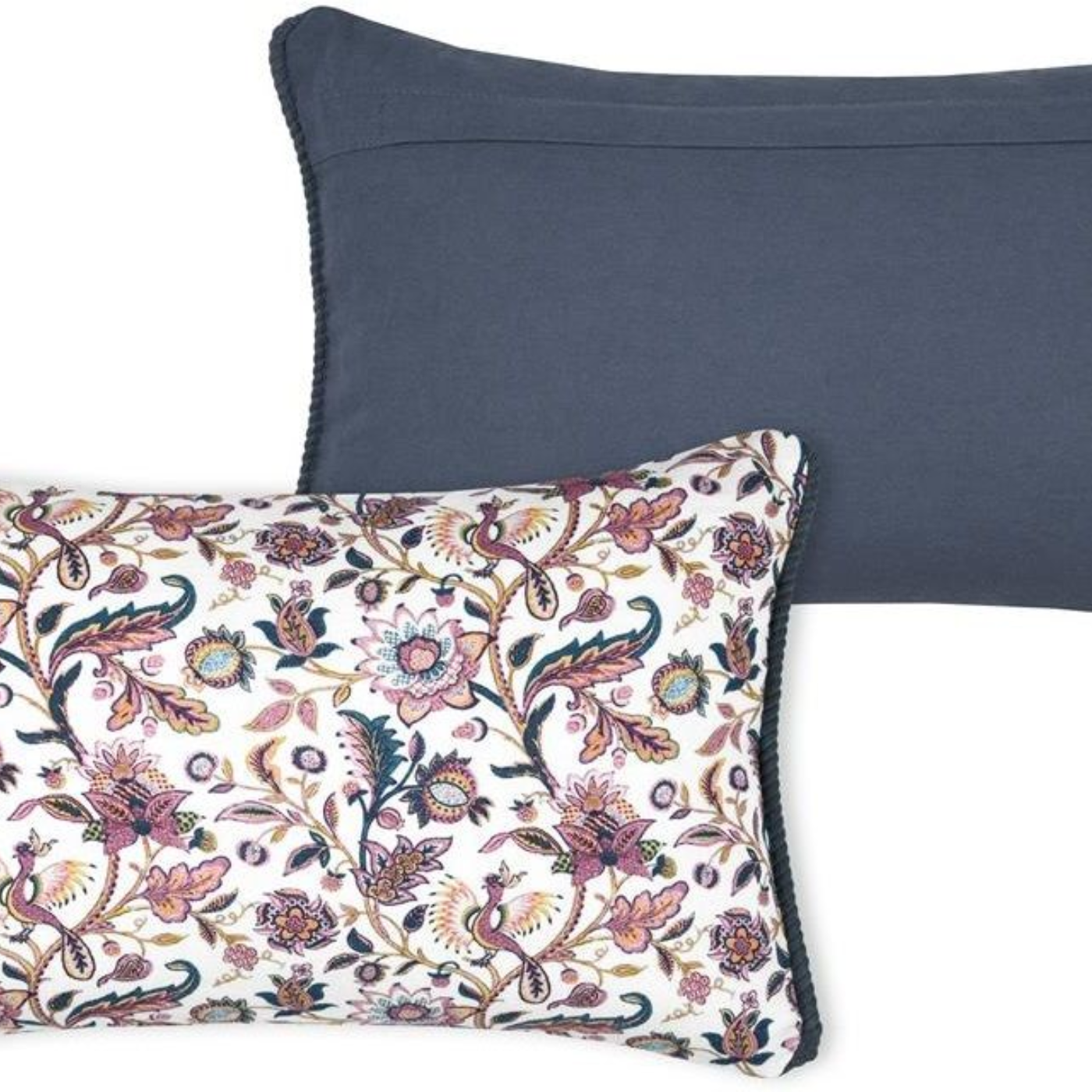 Front and Back on cushion. Back is navy in colour and front is floral motive pattern in purple on white background