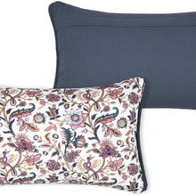 Load image into Gallery viewer, Front and Back on cushion. Back is navy in colour and front is floral motive pattern in purple on white background
