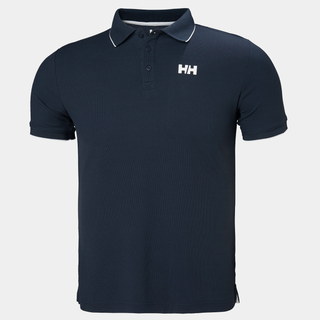 Navy blue polo shirt with a logo on a light gray background