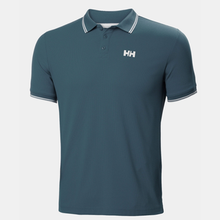 Teal polo shirt with a logo on a light gray background
