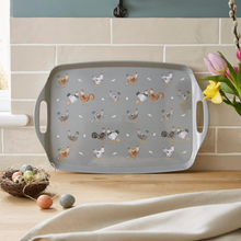 Load image into Gallery viewer, Gray tray with chicken pattern on a kitchen counter with Easter decorations.
