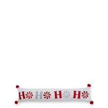 Load image into Gallery viewer, Decorative pillow with 'HO HO HO' text and candy cane pattern on a white background
