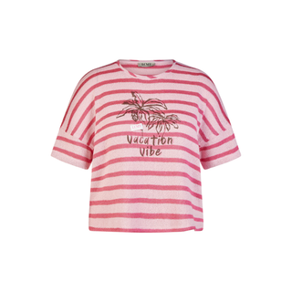 Pink and white striped t-shirt with 'Vacation Vibe' text and palm tree design on a white background