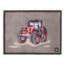Load image into Gallery viewer, A rectangular woven rug or mat with a dark gray border, featuring a red tractor illustration in the center on a taupe background.
