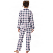 Load image into Gallery viewer, A person shown from the back wearing a matching plaid pajama set with a long-sleeve top and pants, photographed against a plain white studio background.
