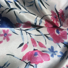 Load image into Gallery viewer, Close-up of floral fabric with pink and blue flowers on a white background
