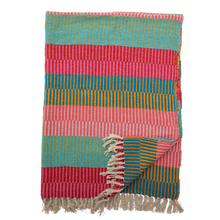 Load image into Gallery viewer, Colorful striped blanket with fringes on a white background
