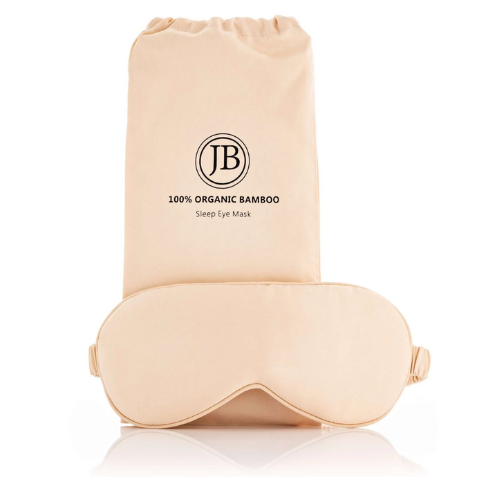A product shot of the Jo Browne Bamboo Sleep Mask alongside it's case. 