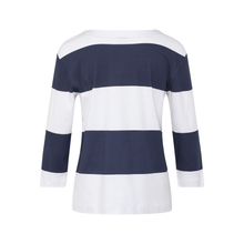 Load image into Gallery viewer, Back view of Rabe 3/4 Sleeve Navy &amp; White Top
