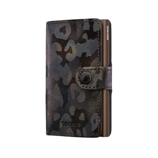 Camouflage patterned wallet with brand logo on a white background