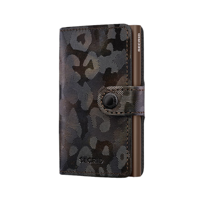 Camouflage patterned wallet with brand logo on a white background