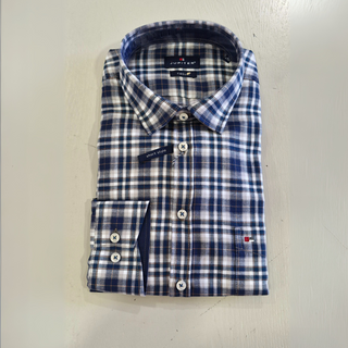 Folded blue and white checkered shirt with 'Jupiter' branding on a light gray background