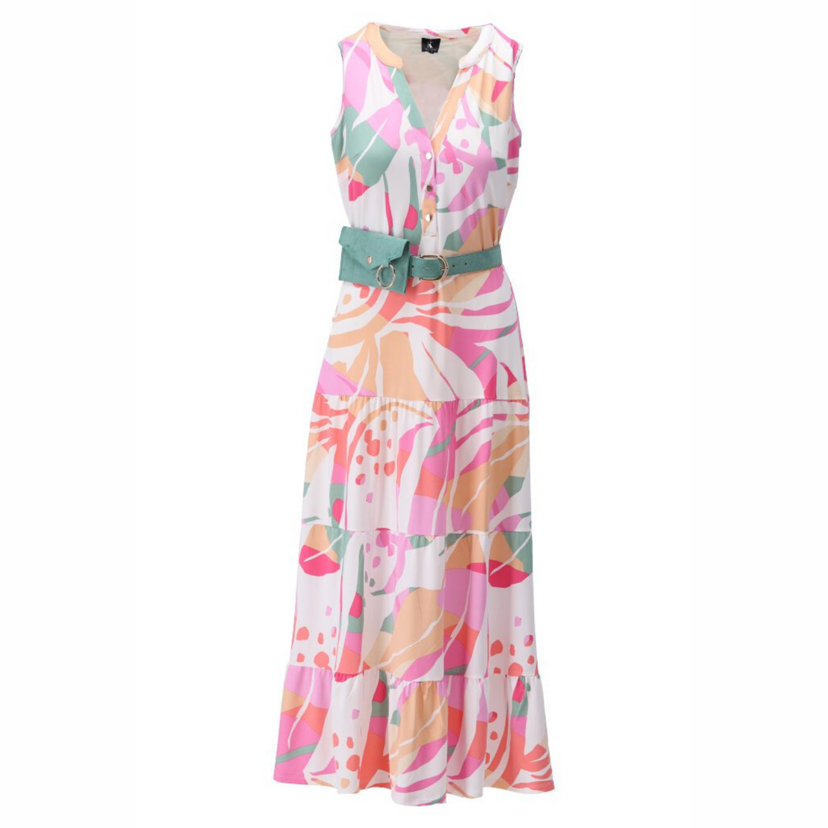 Sleeveless Maxi Dress With Belt | White & Pink