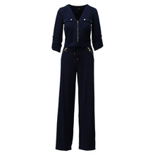 Load image into Gallery viewer, Navy blue jumpsuit with gold accents on a white background
