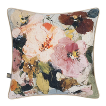 Load image into Gallery viewer, A square decorative throw pillow featuring an abstract floral painting design with large pink, peach, and brown flowers on a textured cream background, finished with a beige piped edge.
