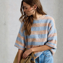 Load image into Gallery viewer, Model posing to the side, wearing White Stuff Kate Knitted Stripe Tee, in a Natural Colour, with a grey background.
