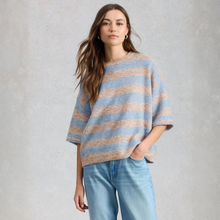 Load image into Gallery viewer, Model posing with hand in her pocket, wearing White Stuff Kate Knitted Stripe Tee, in a Natural Colour, with a grey background.
