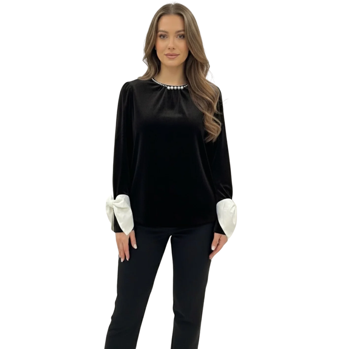 Image of  model in front facing pose wearing Kate & Pippa Velvet Top in Black