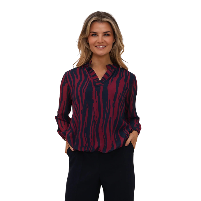 Model showcasing Kate & Pippa Blouse in Navy/Berry