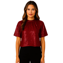 Load image into Gallery viewer, Woman wearing a red sequin top on a white background
