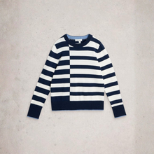 Load image into Gallery viewer, Navy and white striped sweater on a light gray background
