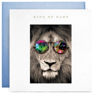 Card with a lion wearing colorful sunglasses and 'King of Dads' text on a light blue border.