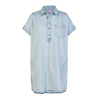 Light blue denim dress with short sleeves on a white background