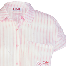 Load image into Gallery viewer, Pink and white striped shirt with 'LCMT' branding on a white background
