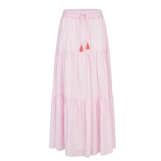 Pink pleated skirt with tassel details on a white background