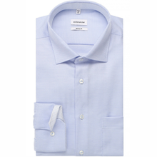 Load image into Gallery viewer, A folded light blue dress shirt with a subtle micro-pattern, featuring a pointed collar, button-down front, and a single-button cuff with a tie-end detail, shown on a plain white background.
