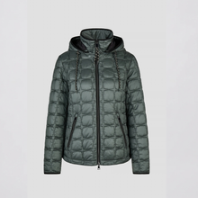 Load image into Gallery viewer, A dark green quilted hooded puffer jacket with a front zipper, decorative chain details on the hood, and zippered side pockets, shown against a light gray background.
