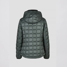 Load image into Gallery viewer, A dark green quilted puffer jacket with a hood, shown from the back against a light gray background.
