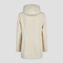 Load image into Gallery viewer, A light beige hooded coat shown from the back, featuring a smooth texture and structured shoulders, set against a solid light gray background.
