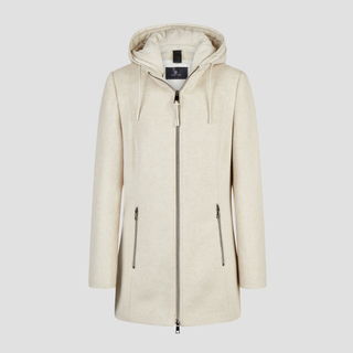 A light beige hooded jacket with a full front zipper, two vertical zippered pockets, and drawstrings, shown against a solid light gray background.