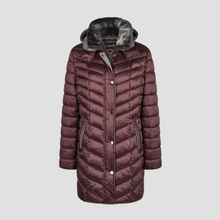 Load image into Gallery viewer, A women's quilted puffer coat in a deep burgundy color, featuring a hood with dark gray faux-fur trim, a snap-button front closure, and zippered hand pockets, shown against a solid light gray background.
